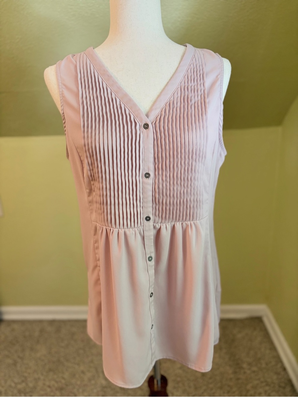 Doe & Rae Pale Pink Pleated Pintuck Sleeveless Blouse Jane Austen Romantic Med